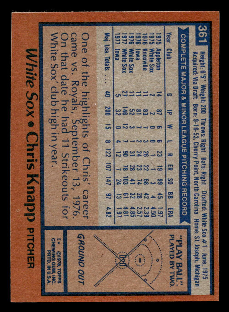 1978 Topps #361 Chris Knapp Near Mint  ID: 520110