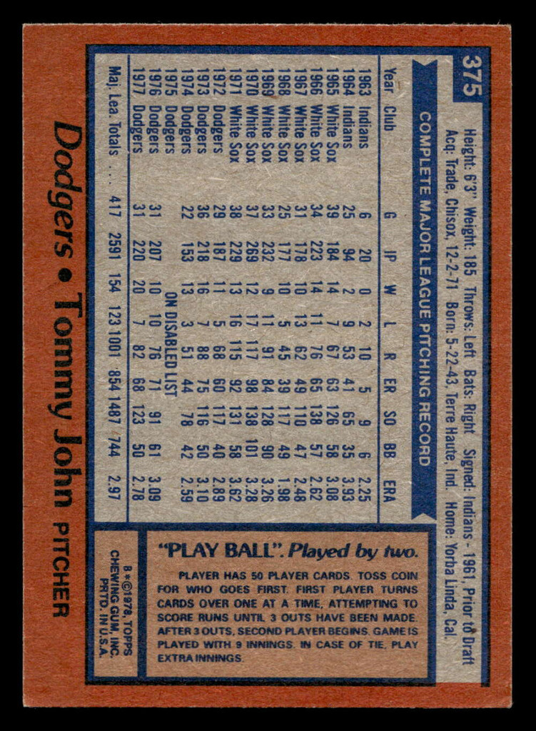1978 Topps #375 Tommy John Ex-Mint  ID: 520168