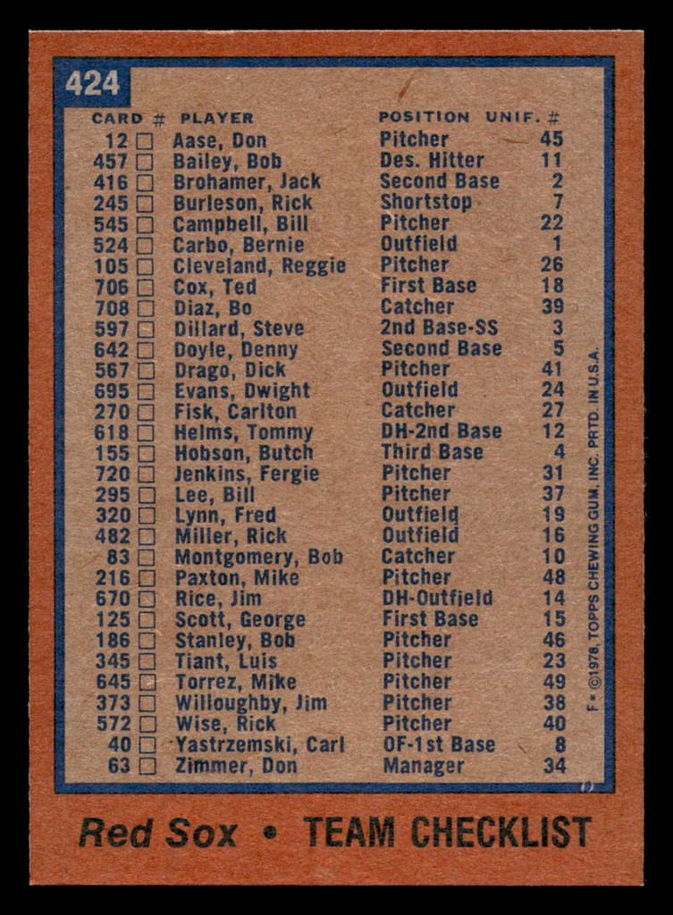 1978 Topps #424 Red Sox Team Near Mint  ID: 520364