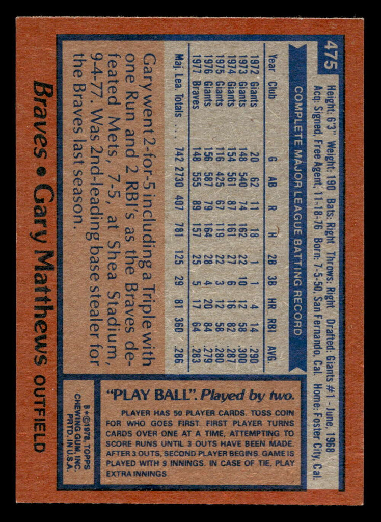 1978 Topps #475 Gary Matthews Ex-Mint 