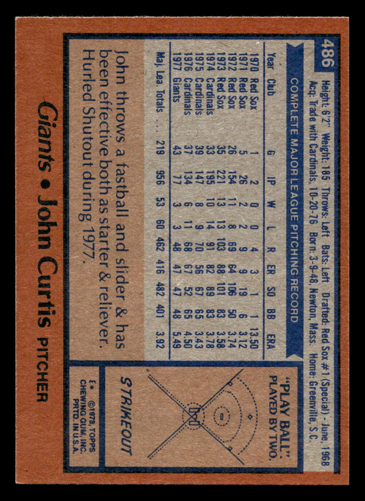 1978 Topps #486 John Curtis Near Mint+  ID: 520619