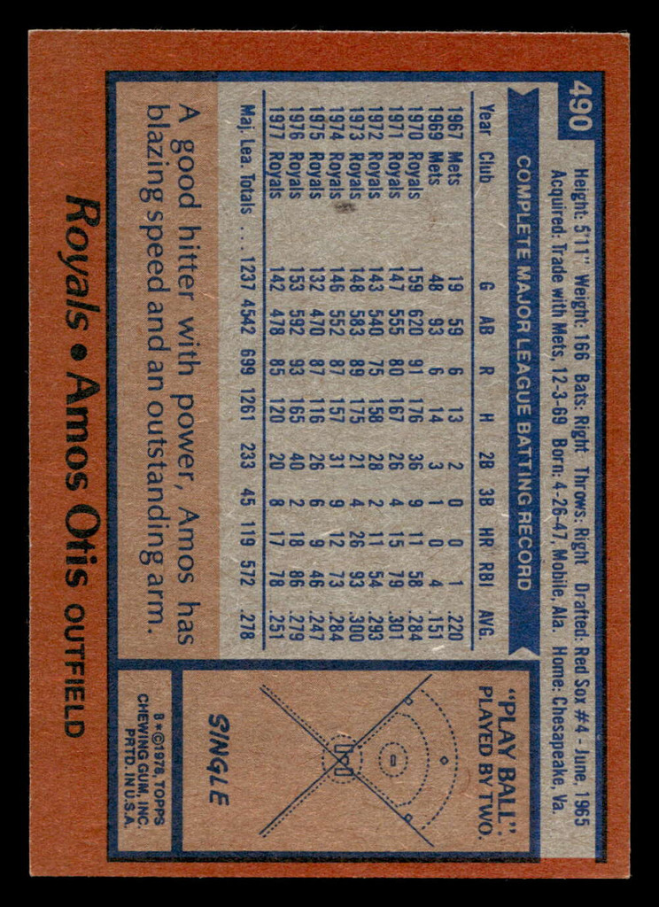 1978 Topps #490 Amos Otis Near Mint+  ID: 520635