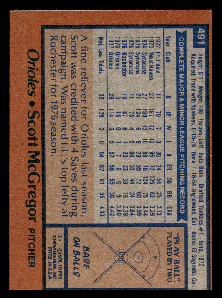 1978 Topps #491 Scott McGregor Near Mint  ID: 520639