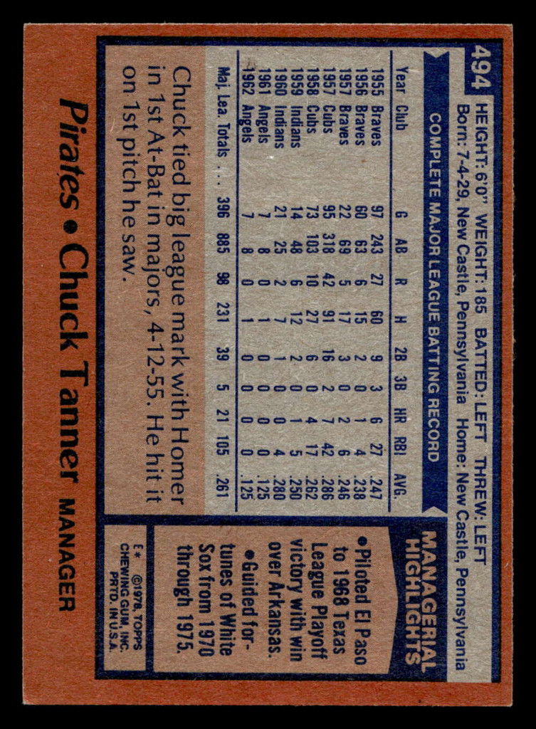 1978 Topps #494 Chuck Tanner MG Ex-Mint 