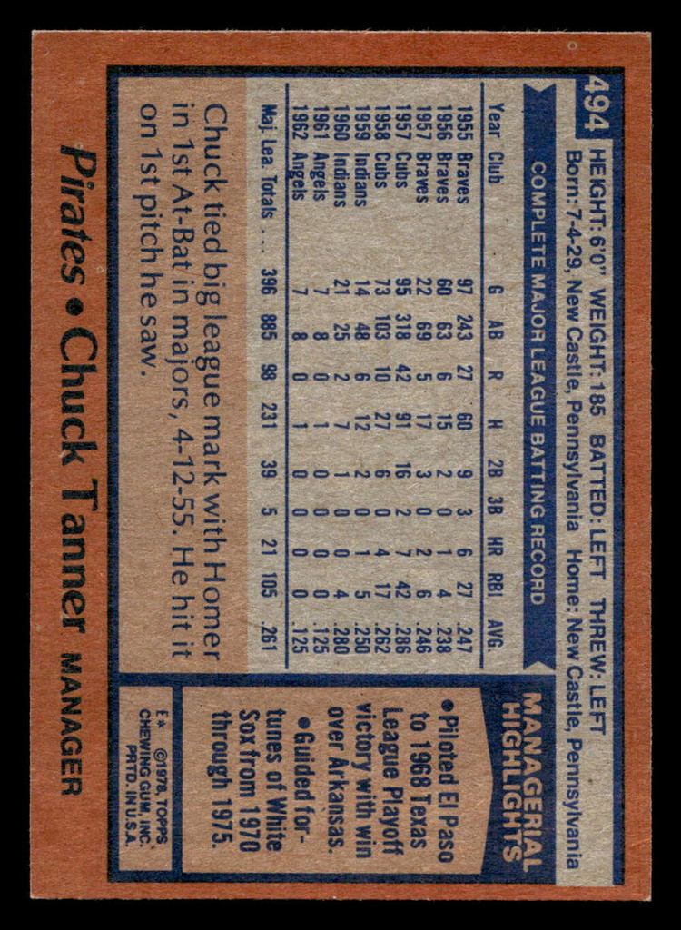 1978 Topps #494 Chuck Tanner MG Near Mint  ID: 520649