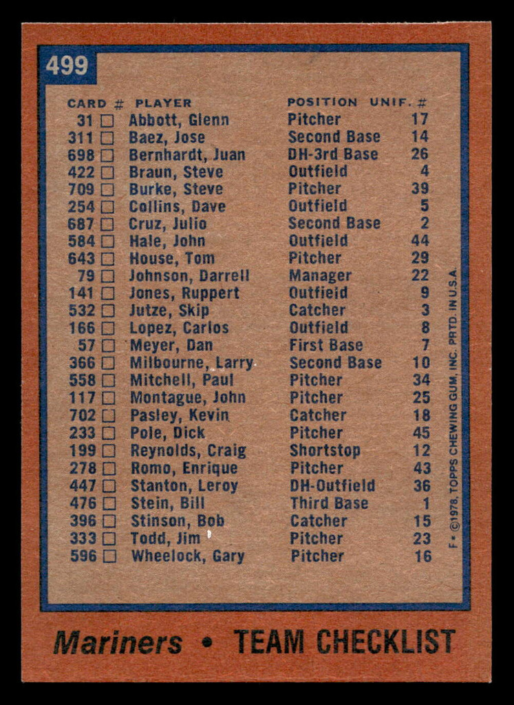 1978 Topps #499 Mariners Team Near Mint  ID: 520669