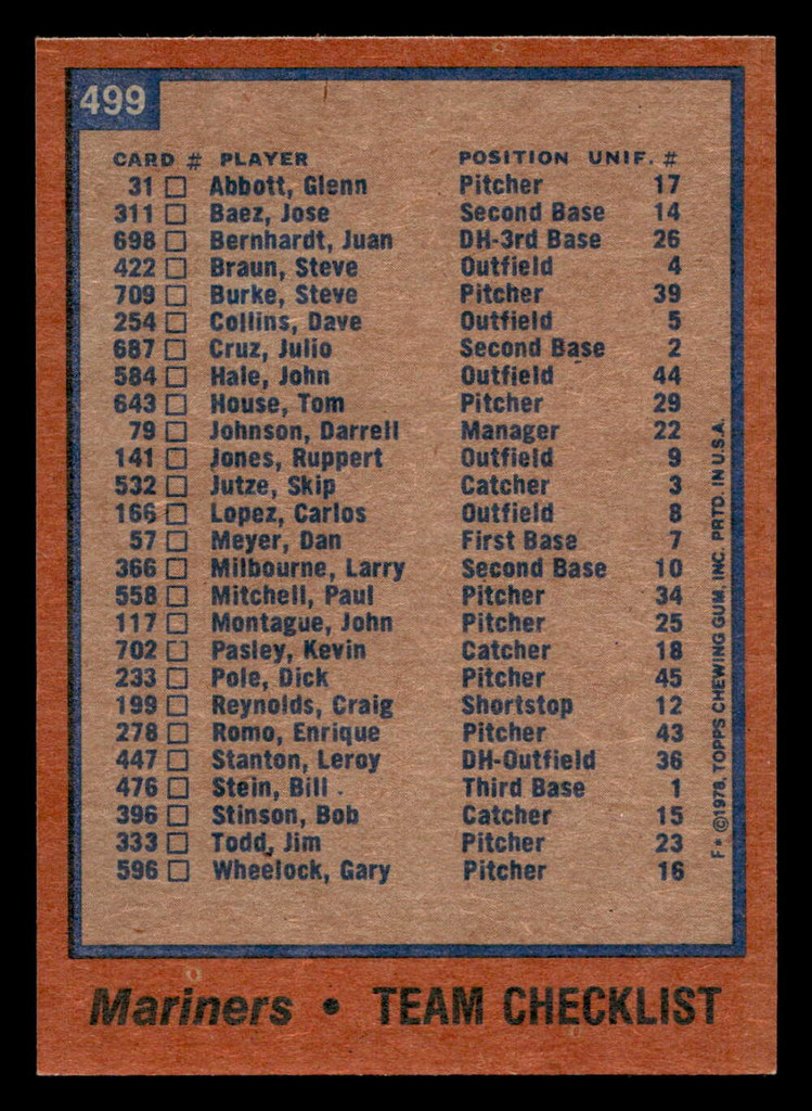 1978 Topps #499 Mariners Team Near Mint  ID: 520671
