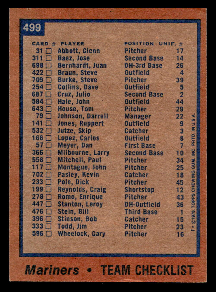 1978 Topps #499 Mariners Team Ex-Mint  ID: 520672