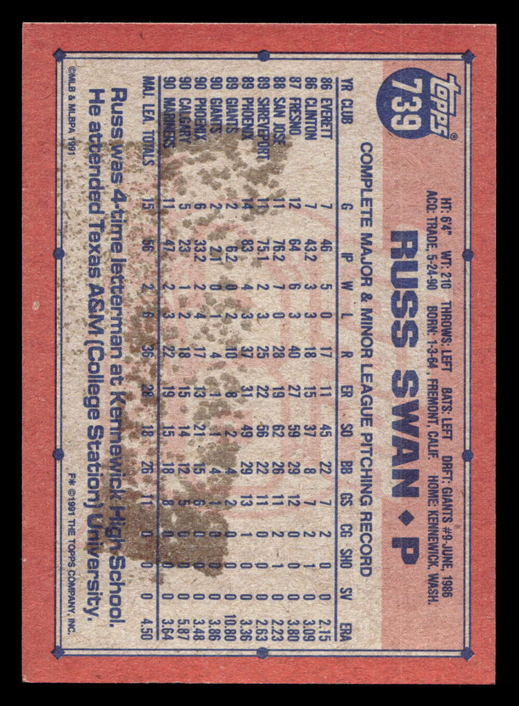 1991 Topps Desert Shield #739 Russ Swan Near Mint Gum Stain on Back 