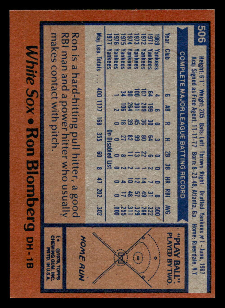 1978 Topps #506 Ron Blomberg Near Mint  ID: 521046