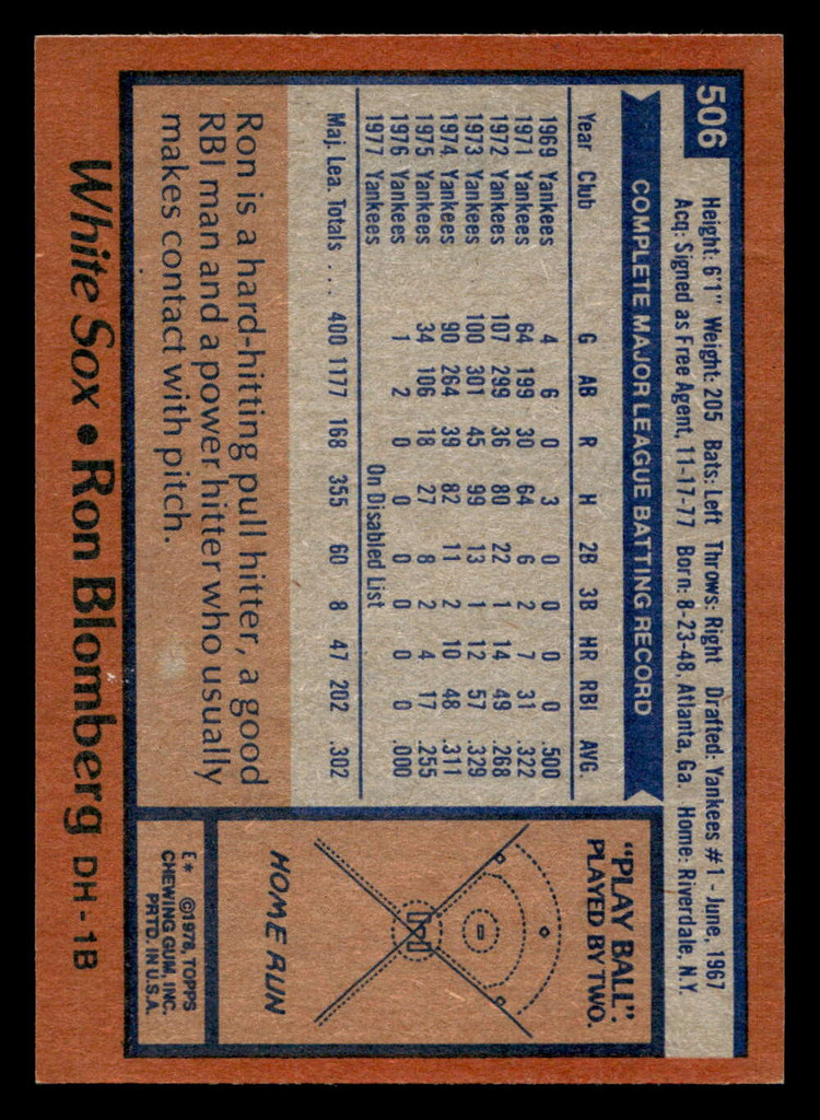 1978 Topps #506 Ron Blomberg Near Mint  ID: 521048