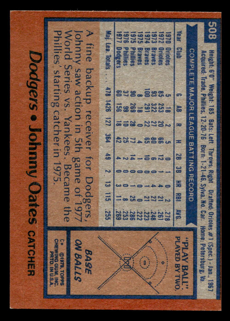 1978 Topps #508 Johnny Oates Ex-Mint  ID: 521055