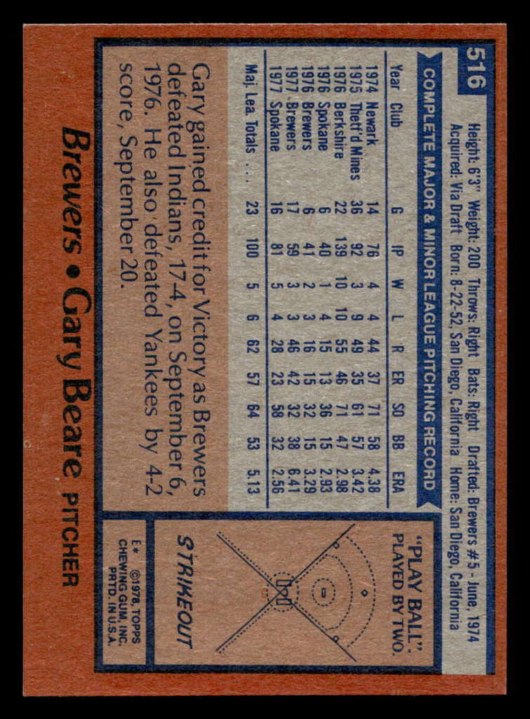 1978 Topps #516 Gary Beare Near Mint+ RC Rookie  ID: 521086