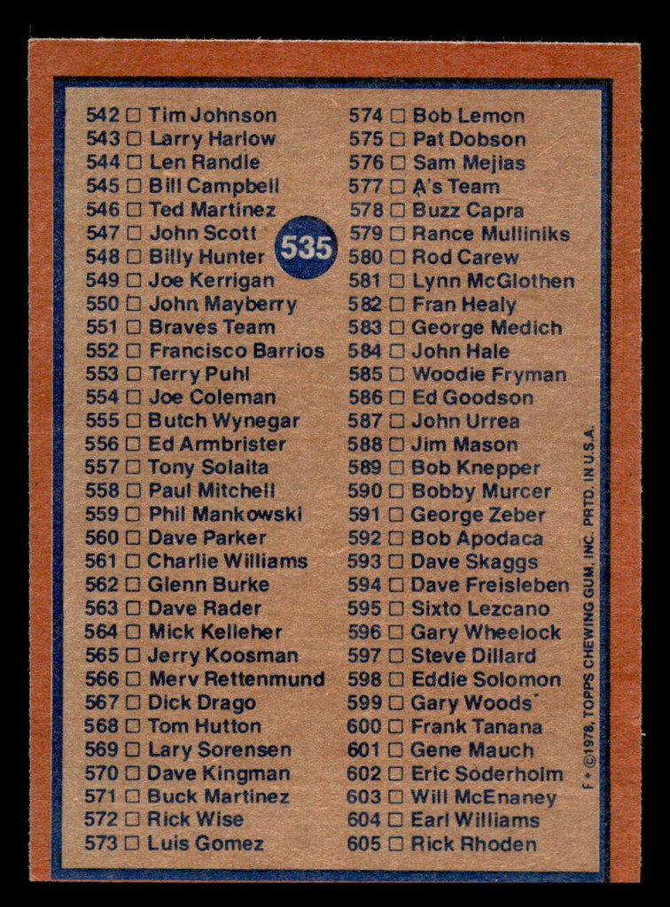 1978 Topps #535 Checklist 485-605 Ex-Mint 