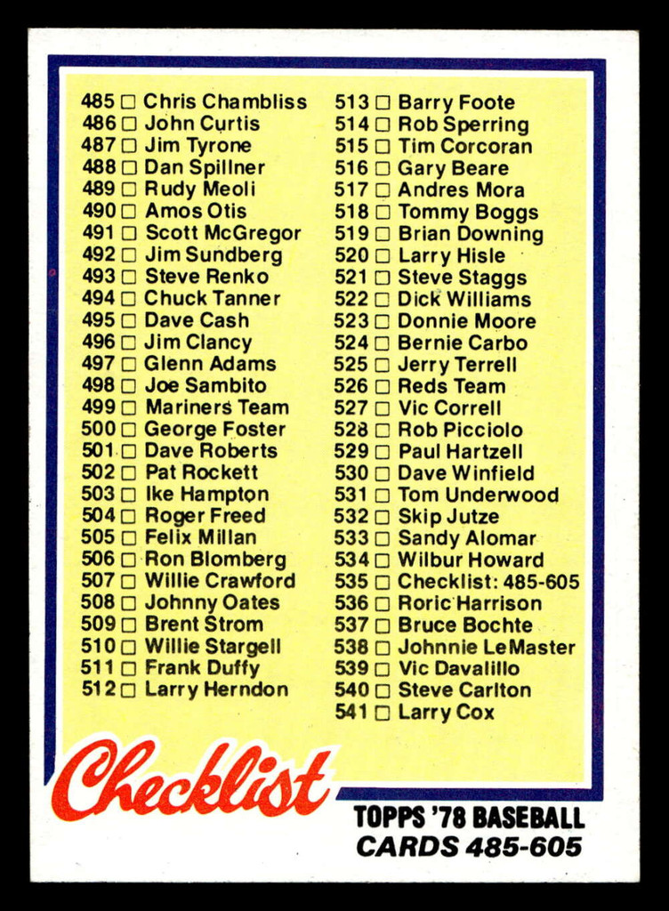1978 Topps #535 Checklist 485-605 Near Mint  ID: 521166