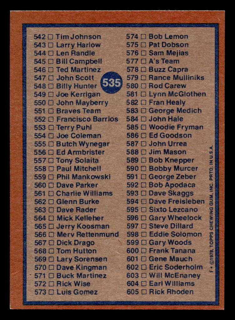 1978 Topps #535 Checklist 485-605 Near Mint  ID: 521166