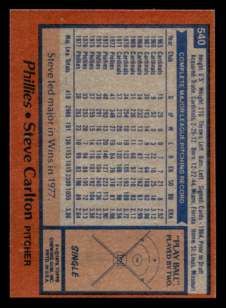 1978 Topps #540 Steve Carlton Near Mint  ID: 521186