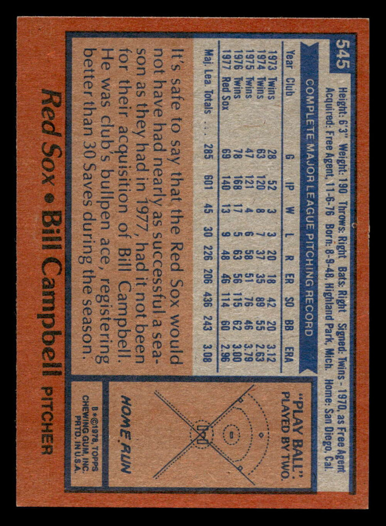 1978 Topps #545 Bill Campbell Near Mint+  ID: 521203