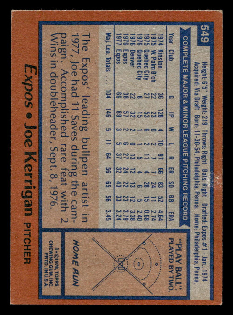1978 Topps #549 Joe Kerrigan Ex-Mint  ID: 521219