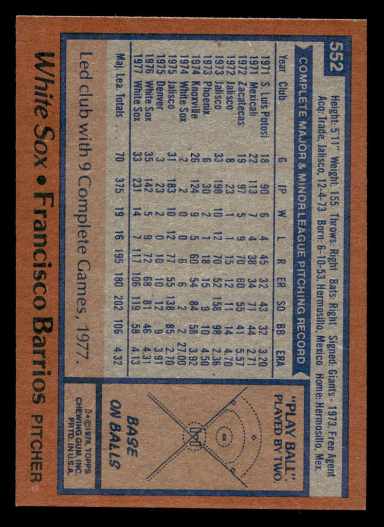 1978 Topps #552 Francisco Barrios Near Mint 
