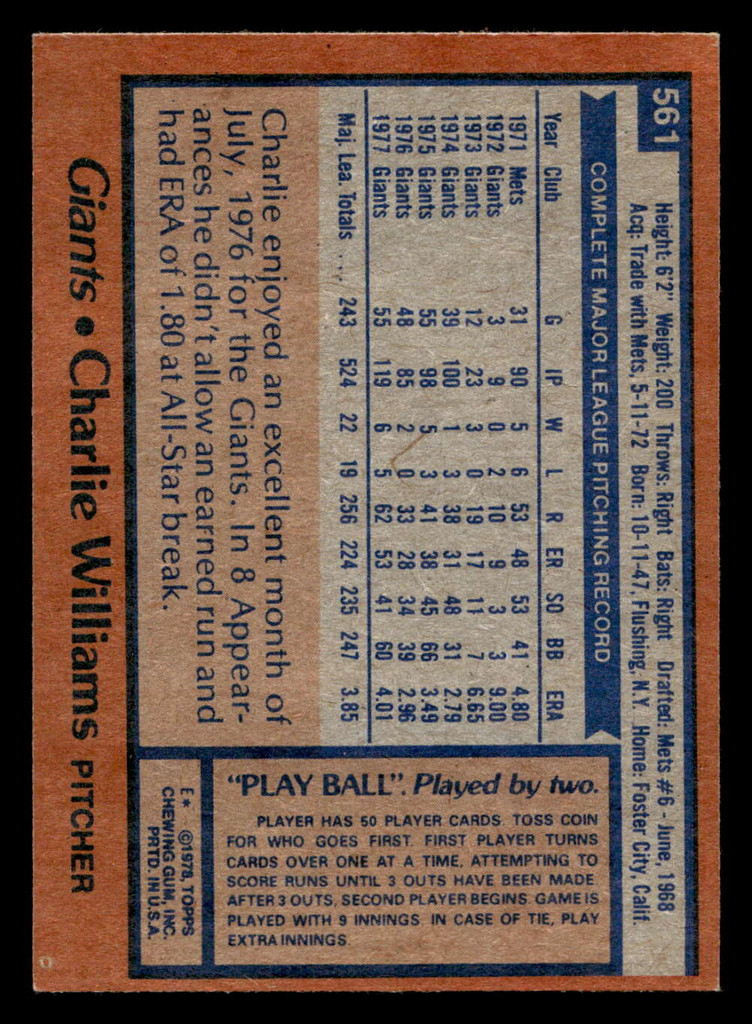 1978 Topps #561 Charlie Williams Near Mint 