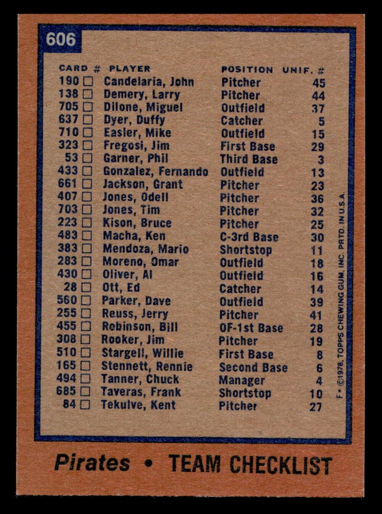 1978 Topps #606 Pirates Team Ex-Mint  ID: 521440