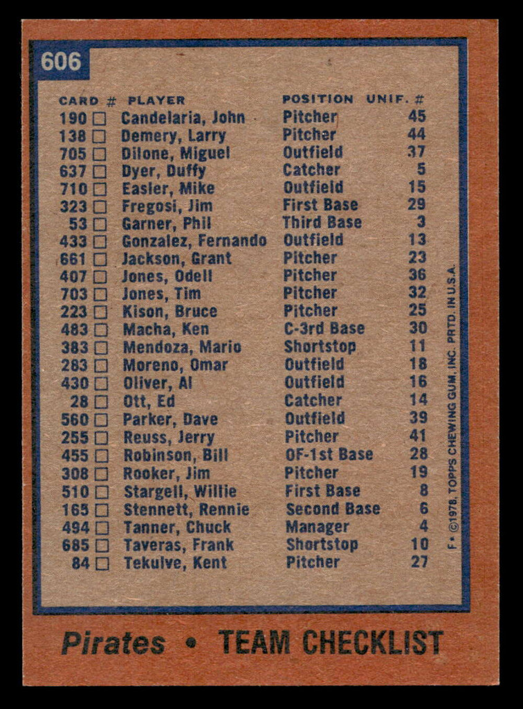 1978 Topps #606 Pirates Team Near Mint  ID: 521441