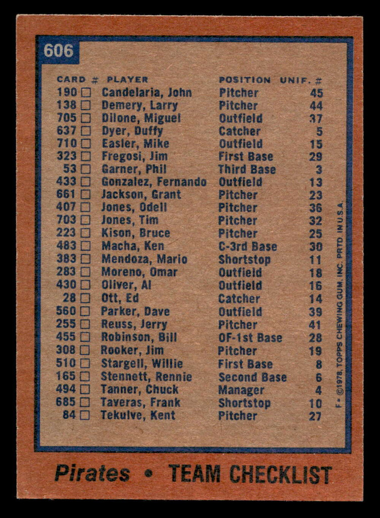 1978 Topps #606 Pirates Team Near Mint  ID: 521443
