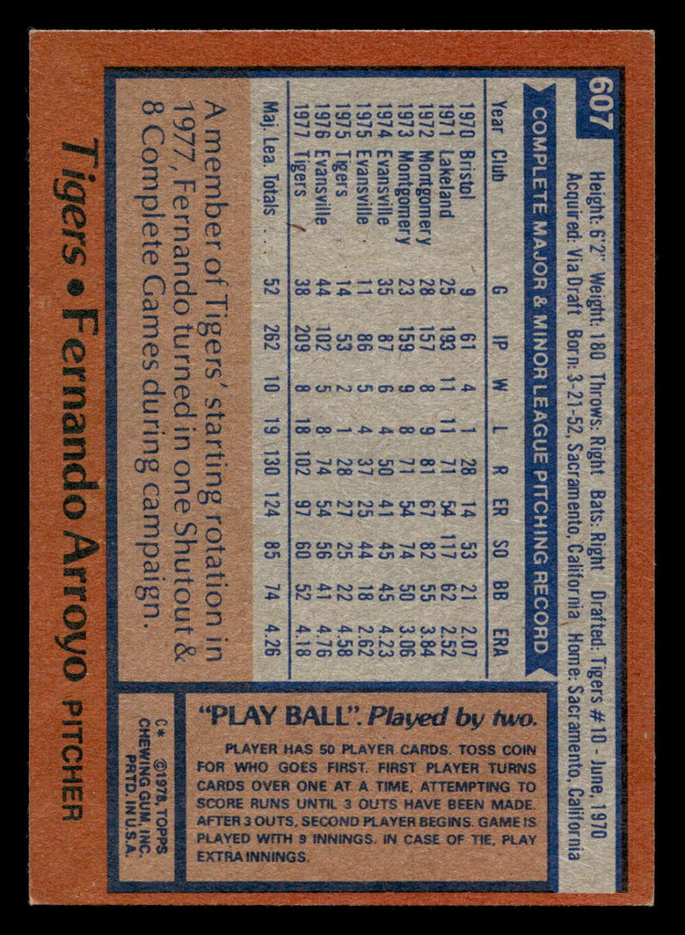 1978 Topps #607 Fernando Arroyo Near Mint  ID: 521444