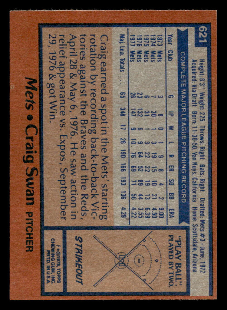1978 Topps #621 Craig Swan DP Near Mint  ID: 521502