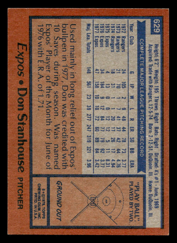 1978 Topps #629 Don Stanhouse Near Mint  ID: 521534