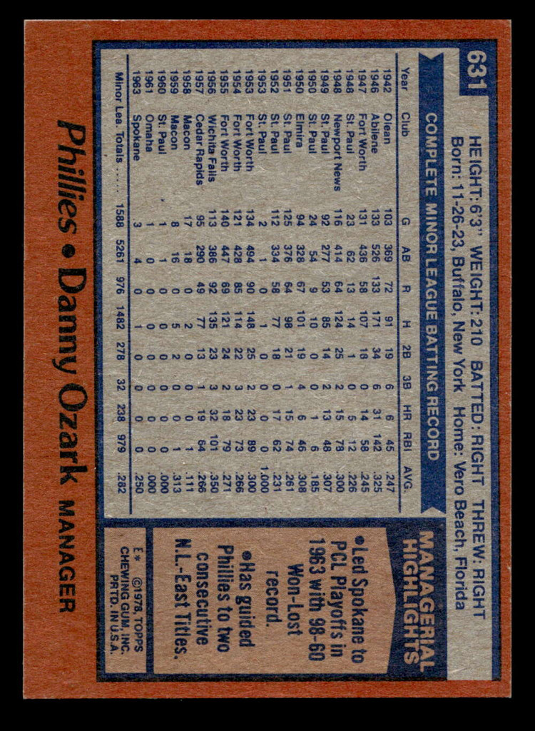1978 Topps #631 Danny Ozark MG Ex-Mint  ID: 521541