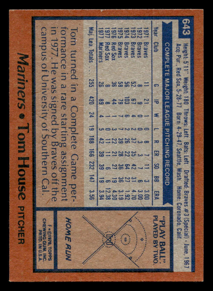 1978 Topps #643 Tom House Near Mint  ID: 521588