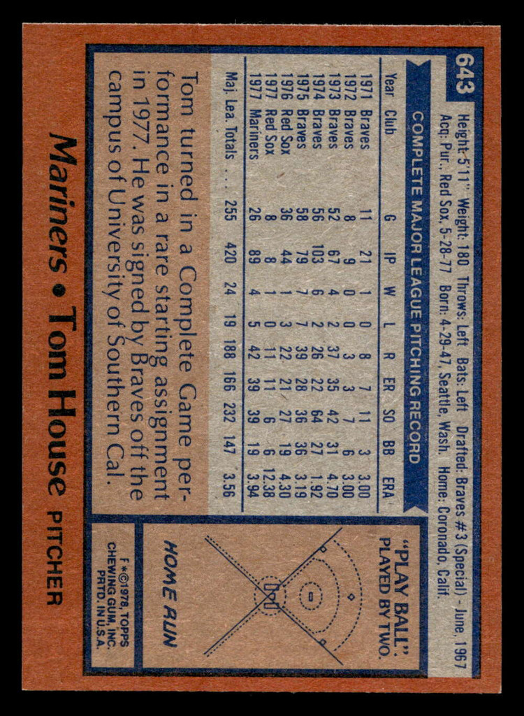 1978 Topps #643 Tom House Near Mint  ID: 521590