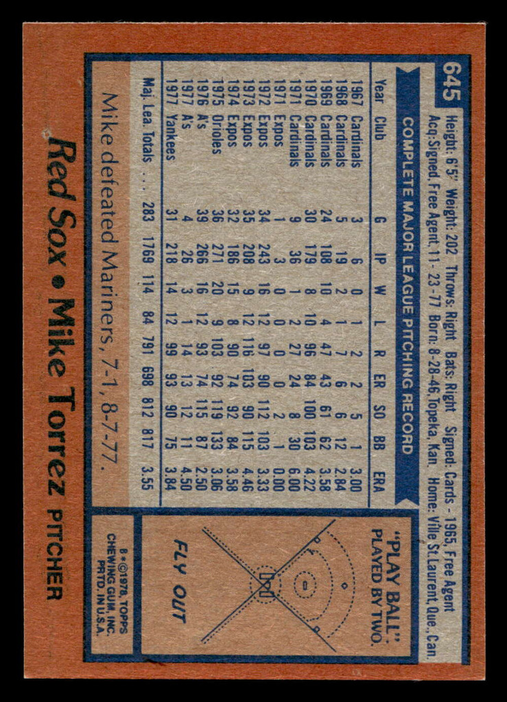 1978 Topps #645 Mike Torrez Near Mint  ID: 521597