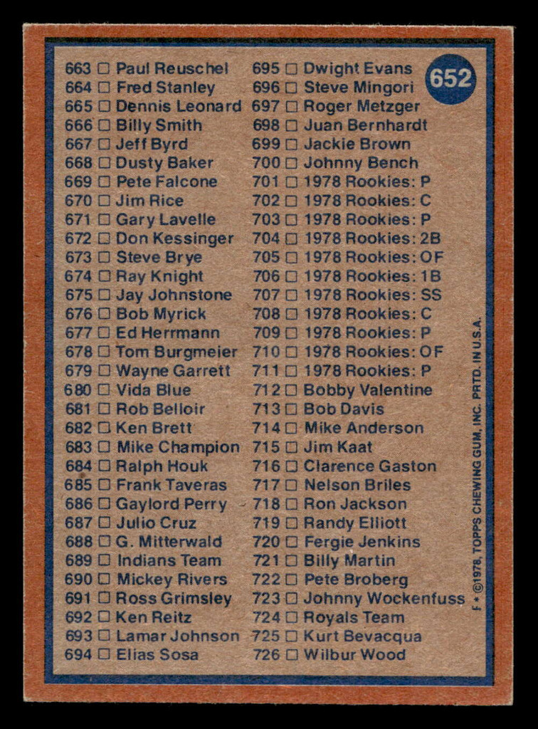 1978 Topps #652 Checklist 606-726 Near Mint  ID: 521624