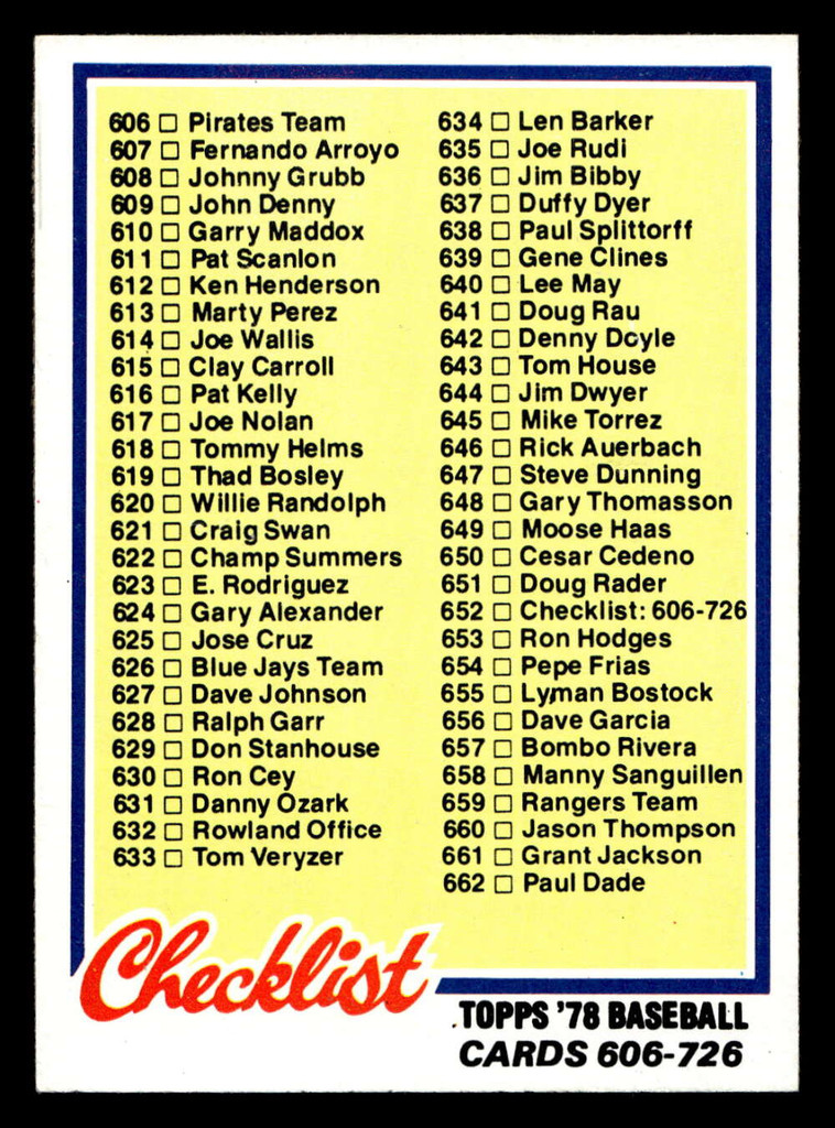1978 Topps #652 Checklist 606-726 Near Mint+  ID: 521625