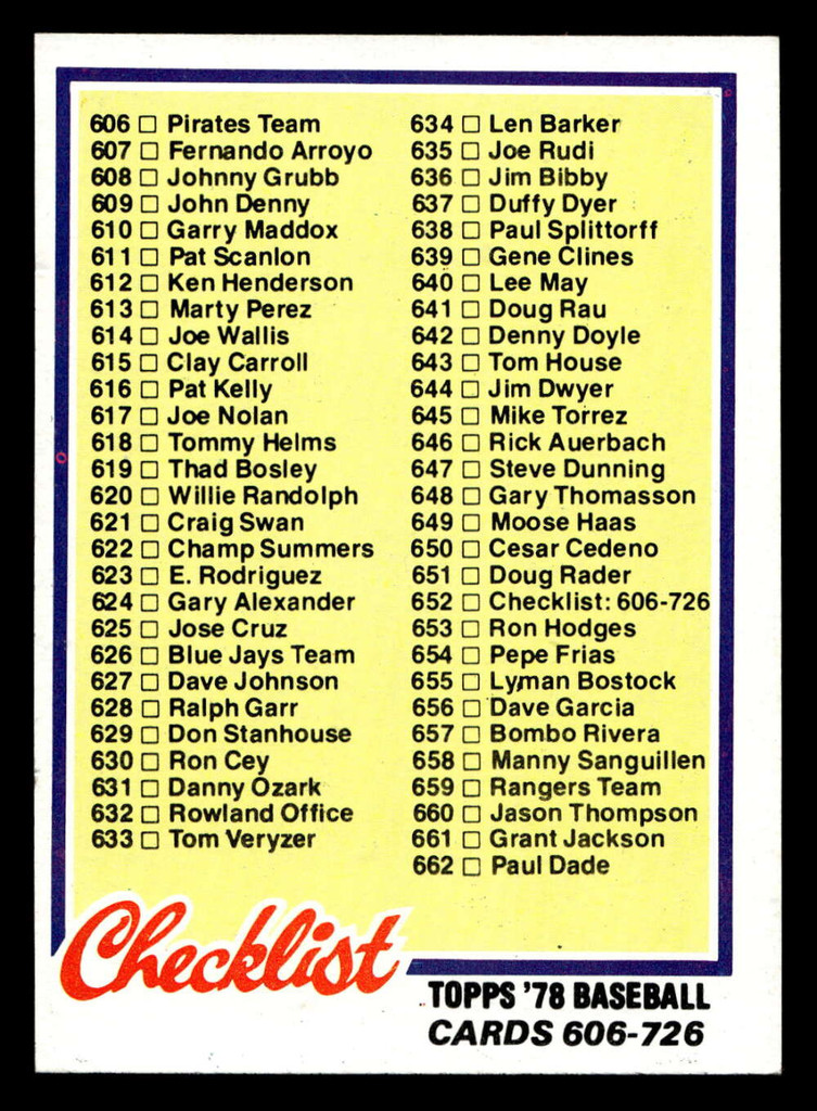 1978 Topps #652 Checklist 606-726 Near Mint  ID: 521627
