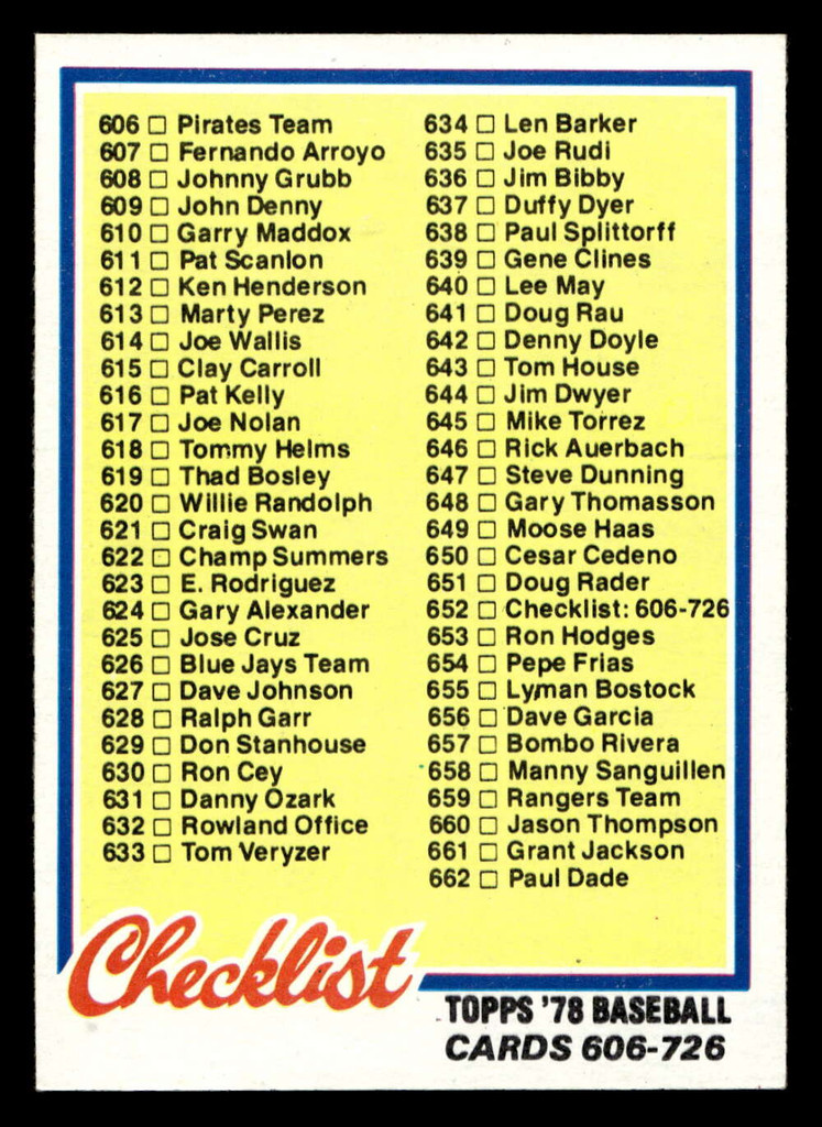 1978 Topps #652 Checklist 606-726 Near Mint+  ID: 521629