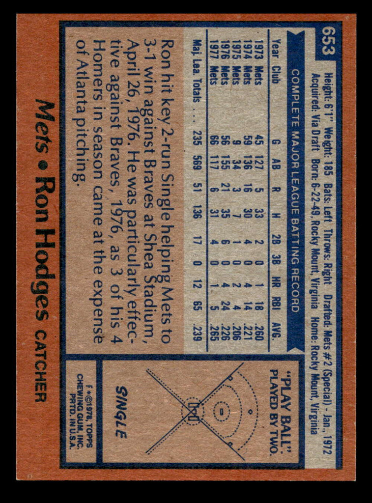 1978 Topps #653 Ron Hodges DP Ex-Mint 