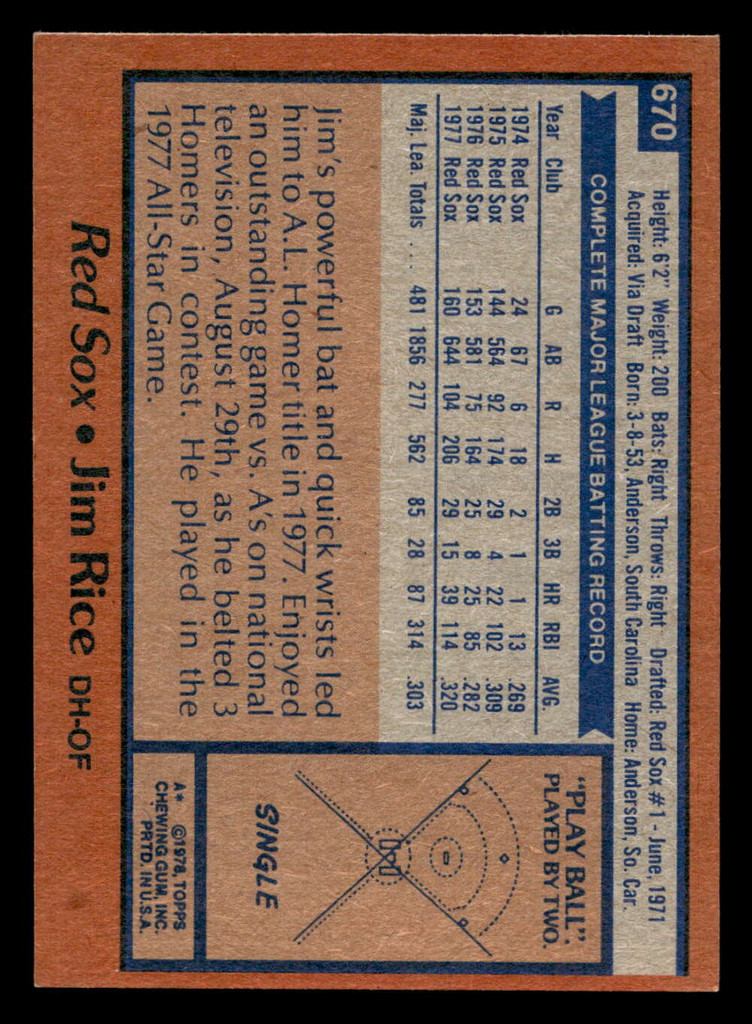 1978 Topps #670 Jim Rice Near Mint  ID: 521697