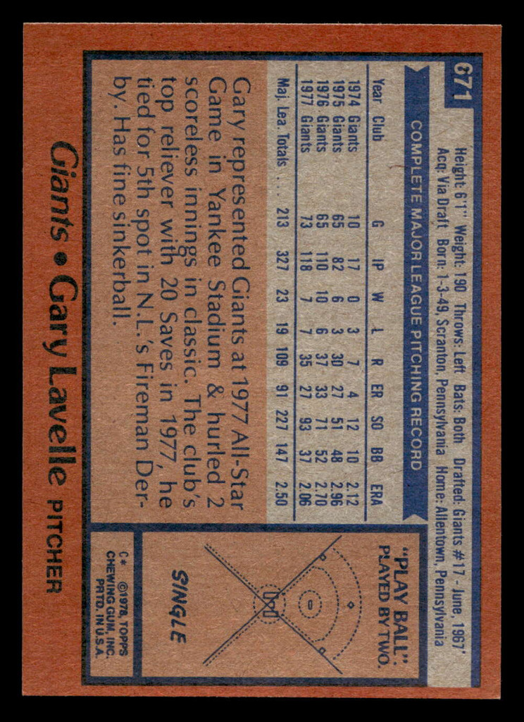 1978 Topps #671 Gary Lavelle Near Mint  ID: 521702