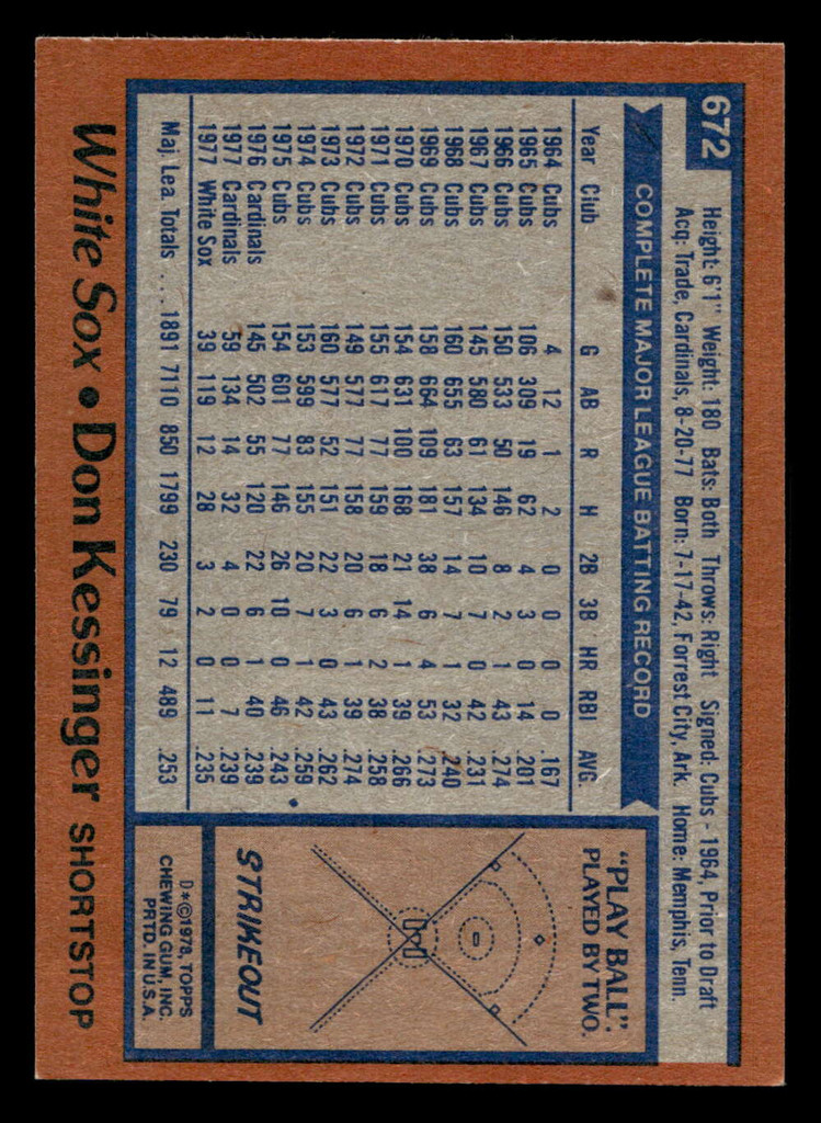 1978 Topps #672 Don Kessinger Near Mint+  ID: 521704