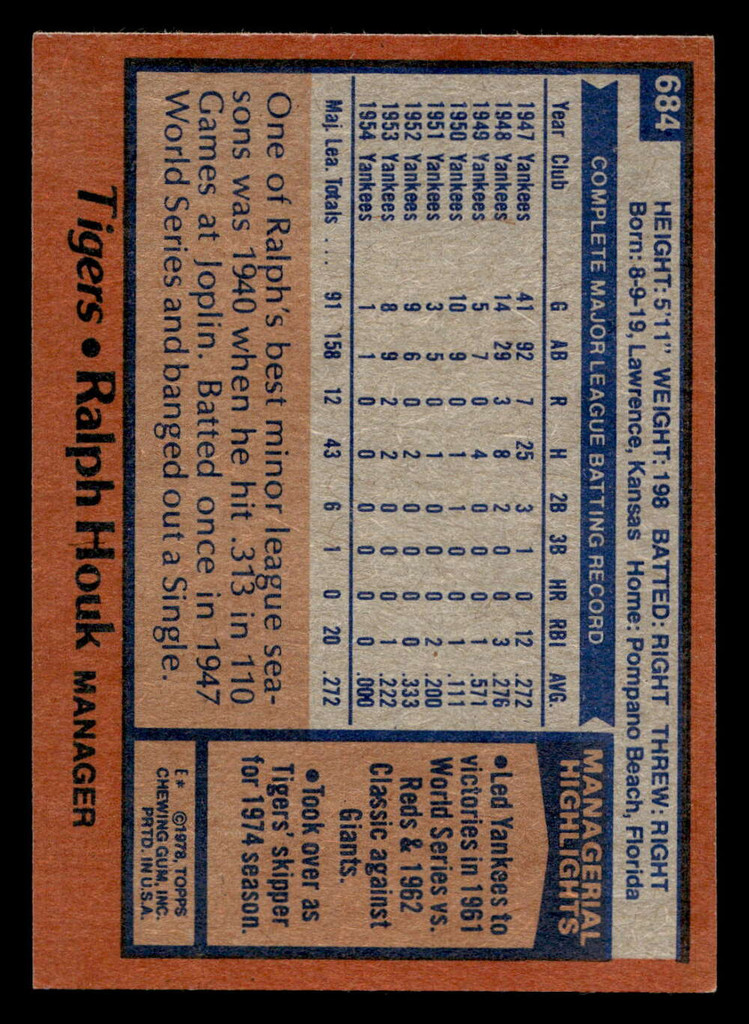 1978 Topps #684 Ralph Houk MG Near Mint  ID: 521755
