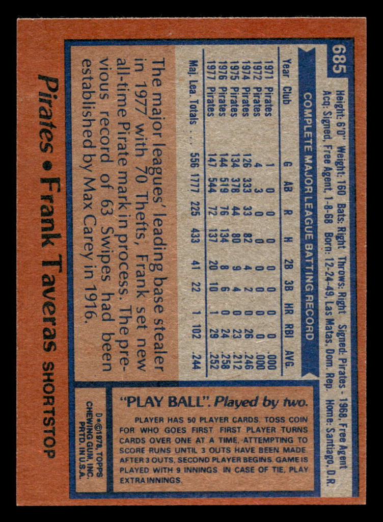 1978 Topps #685 Frank Taveras Near Mint  ID: 521758