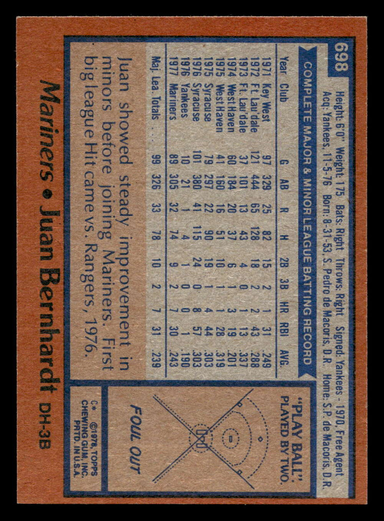 1978 Topps #698 Juan Bernhardt Near Mint+  ID: 521812