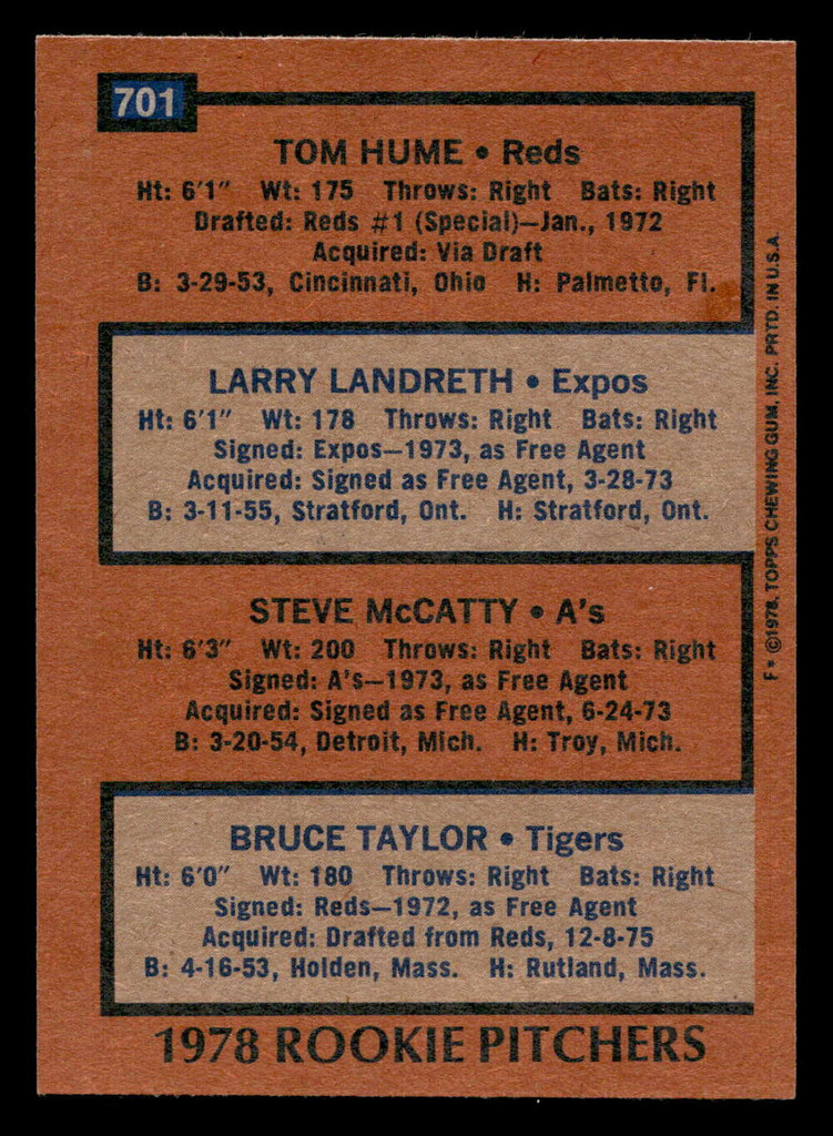 1978 Topps #701 Tom Hume/Larry Landreth/Steve McCatty/Bruce Taylor Rookie Pitchers Near Mint RC Rookie  ID: 521821