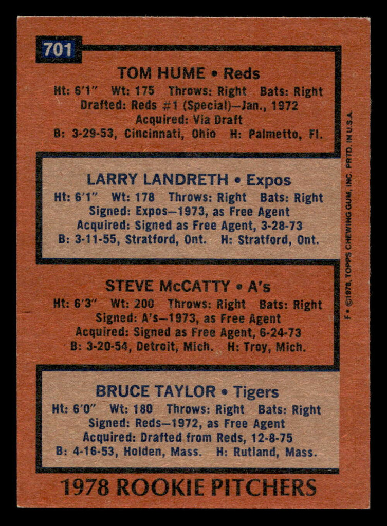 1978 Topps #701 Tom Hume/Larry Landreth/Steve McCatty/Bruce Taylor Rookie Pitchers Near Mint RC Rookie  ID: 521824