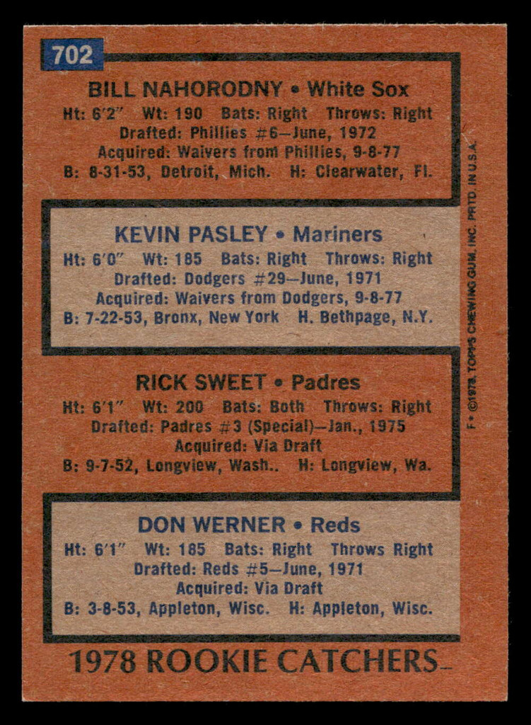 1978 Topps #702 Bill Nahorodny/Kevin Pasley/Rick Sweet/Don Werner Rookie Catchers Near Mint RC Rookie  ID: 521825