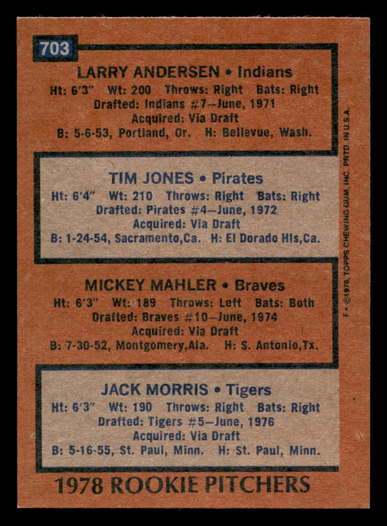 1978 Topps #703 Larry Andersen/Tim Jones/Mickey Mahler/Jack Morris Rookie Pitchers Near Mint RC Rookie  ID: 521830